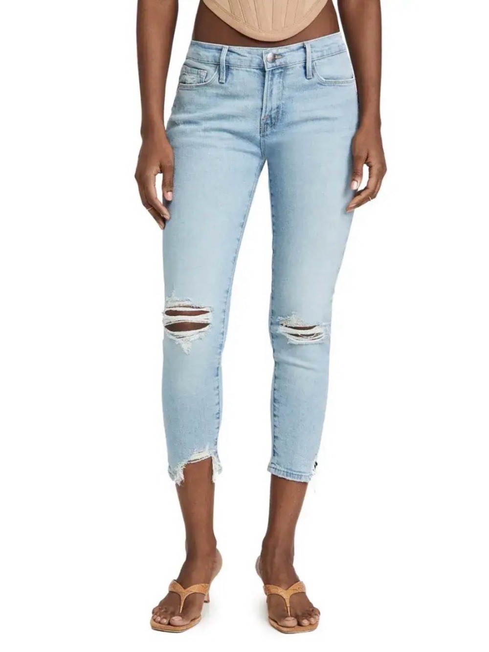 FRAME Le Garcon Crop Released Cut Jeans, Bathe, 29 Light Wash Distressed Denim